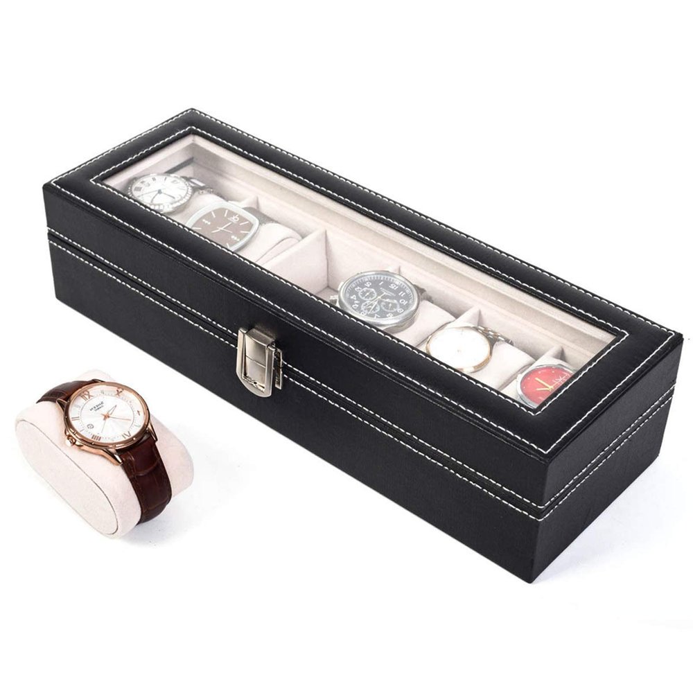 6 Slots Watch Box Organizer for Men,Leather Watch Collection Storage Box,Watch Jewelry Display Storage Case Organizer,Watch Holder Organizer Box,with Glass Lid,for Personal, Store, Home (Black)