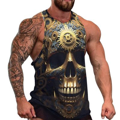 MARSVOVO Mens Skull 3D Graphic Print Shirts Tank Tops Regular Fit Moisture Wicking Plus Size Trendy Workout Tank Tops for Men Vintage Graphic Workout Summer Sleeveless Beige T-Shirt Tees-4XL