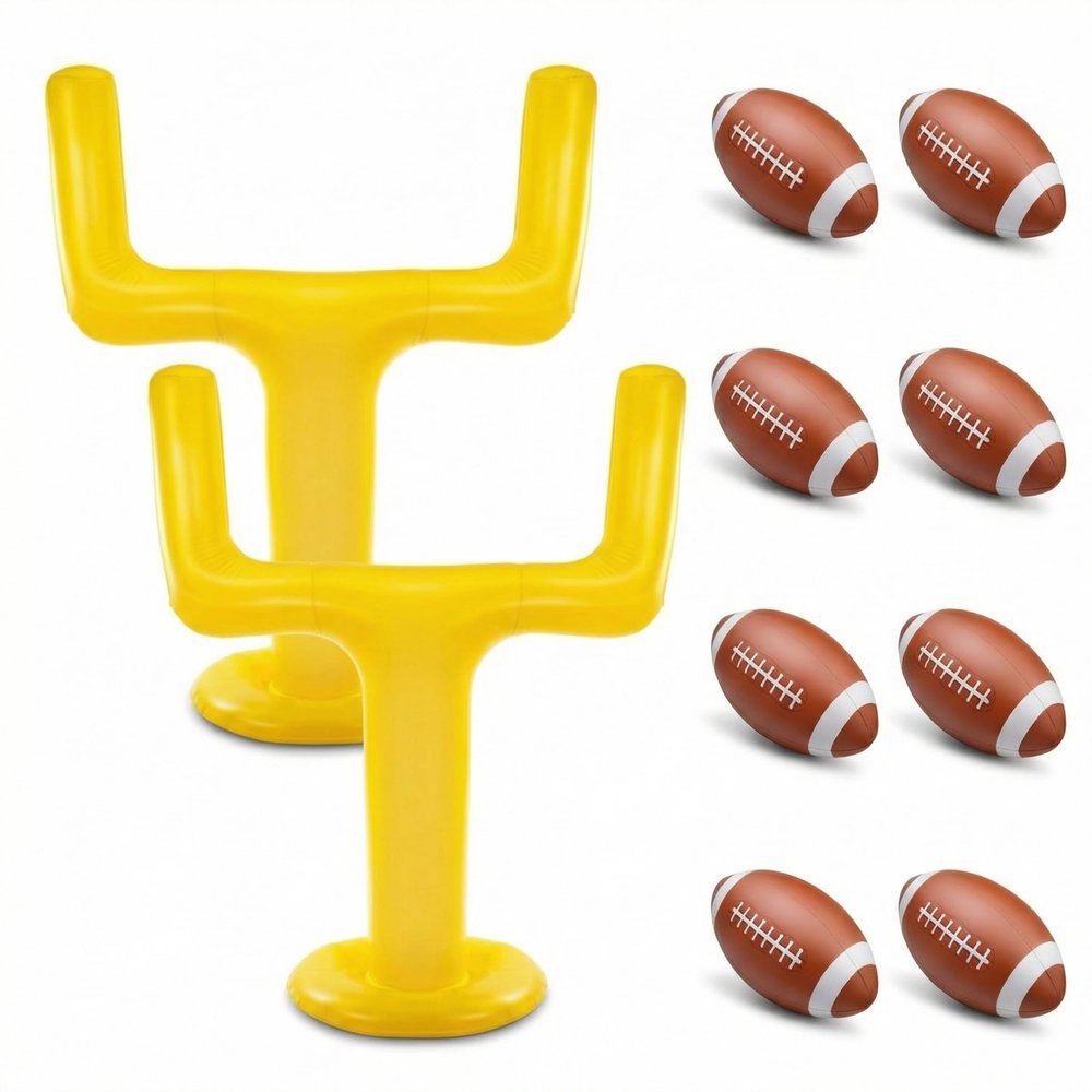 Meooeck 10 Pcs Football Party Supplies Kit,2 Inflatable 70.8'' Jumbo Football Goal Post and 8 Blow Up Footballs for Tailgate Outdoor Celebrations & Themed Day Party Game