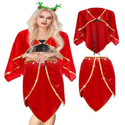EASEDAILY Christmas Cape Mrs Claus Santa Cloak Velvet Xmas Party Costume with Sequin Belly Scarf for Women and Girls