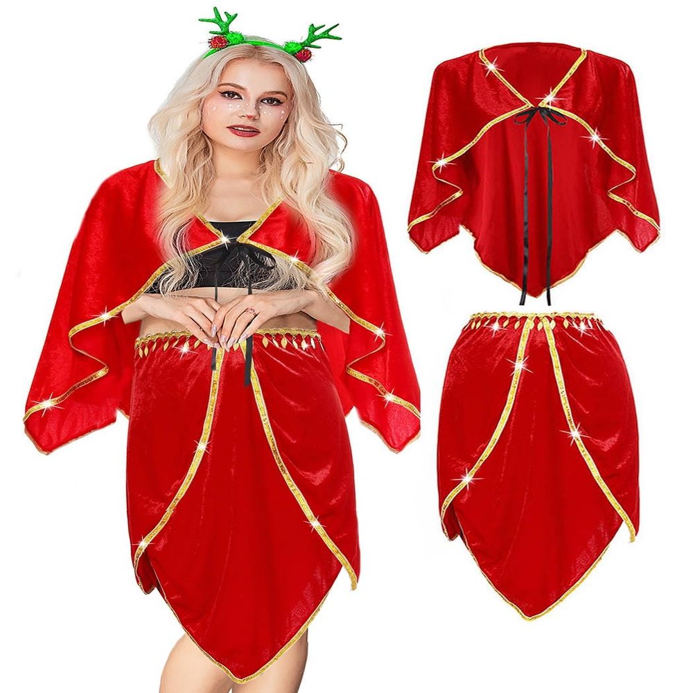 EASEDAILY Christmas Cape Mrs Claus Santa Cloak Velvet Xmas Party Costume with Sequin Belly Scarf for Women and Girls