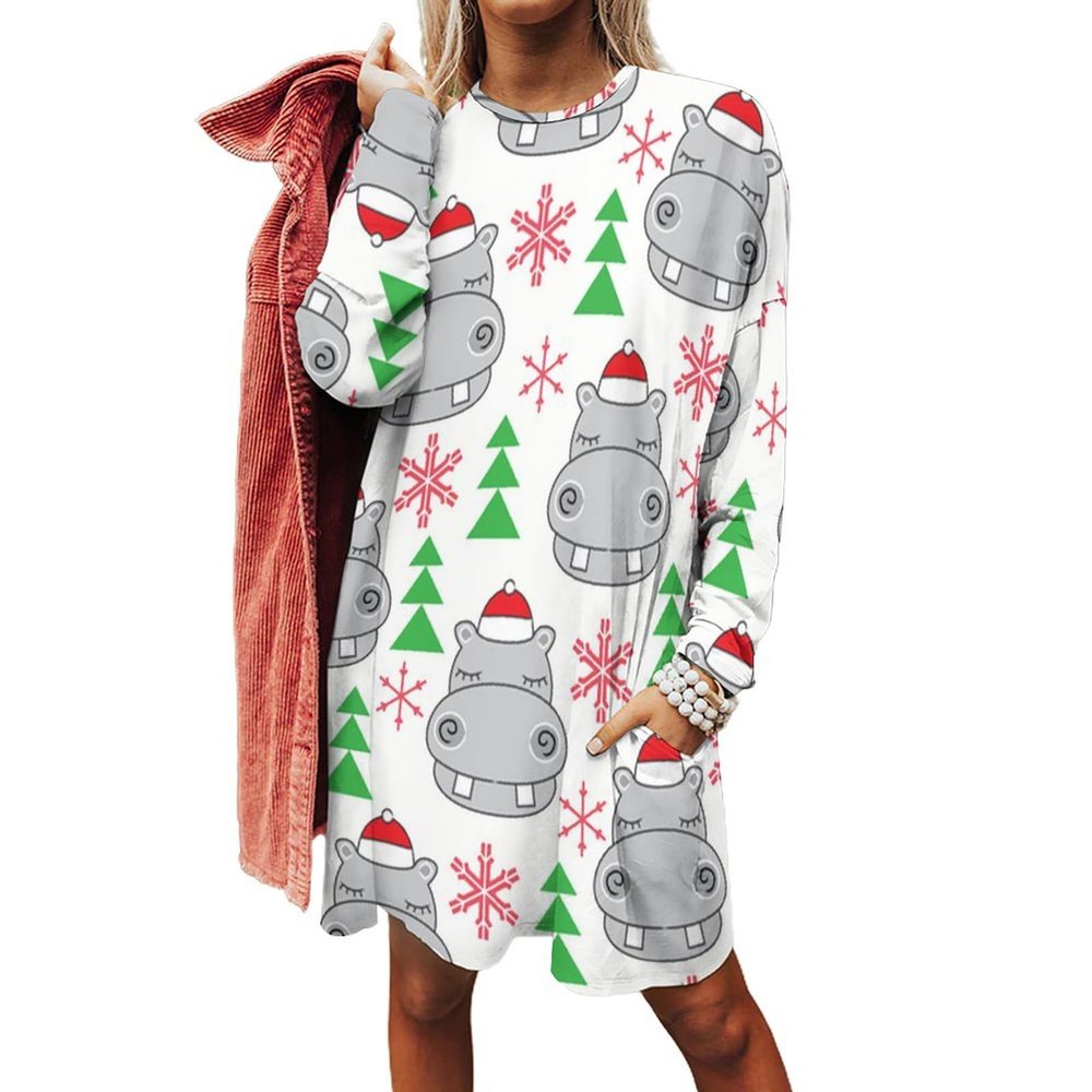 Christmas Hippos with Santa Hats Women's Long Sleeve Sweatshirt Dress Casual Pullover Tops Loose Fit Dress with Pocket