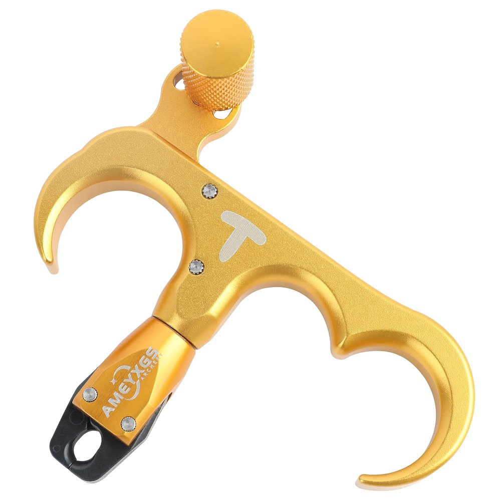 AMEYXGS Archery Bow Release for Compound Bows,Durable Aluminum 360 Rotate Caliper Thumb Release 3 Finger Release (Gold)
