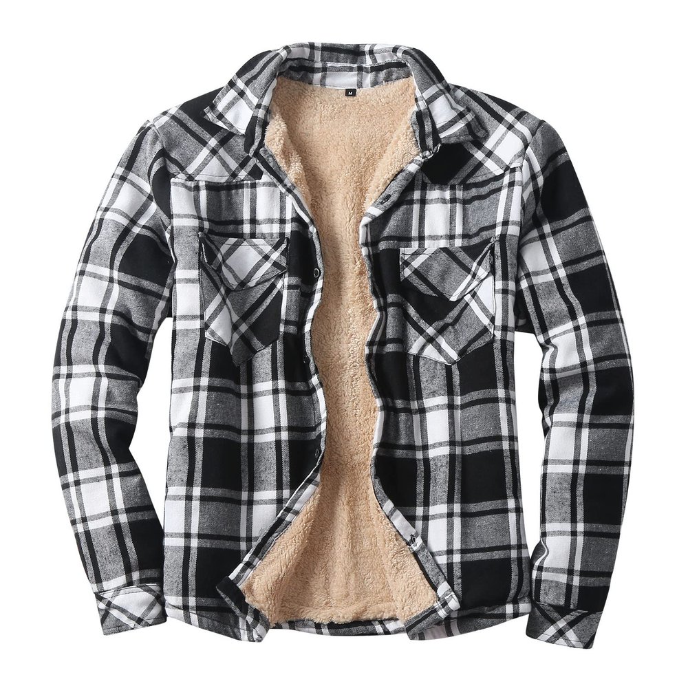 Womens Long Sleeve Berber Fleece Lined Button Down Camp Flannel Shirts Jackets Brushed Cotton Thermal Sherpa Plaid Jackets Heavyweight Thermal Button Up Winter Work Coat Outwear Black