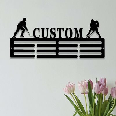 Hockey Medal Holder with Custom Name Personalized Hockey Player Medal Hanger 12 Rungs for Medals & Ribbons Hockey Medal Display Awards Sign