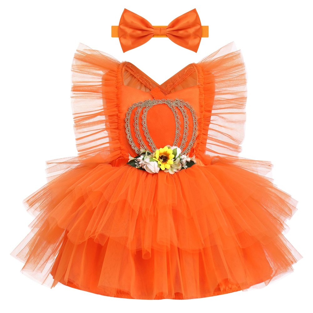 My First Halloween Baby Girl Outfit Baby Girls Tutu Romper Dress with Headband 2pcs Baby Girl First Birthday Outfit Infant One Piece Onesie Ruffle Sleeve Dress Orange Pumpkin 18-24 Months