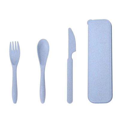 Reusable Utensils Set with Case, Wheat Straw Travel Cutlery Set for Picnic Fork Spoon Knife, Portable Cutlery Set Tableware Modern for Office(Blue)