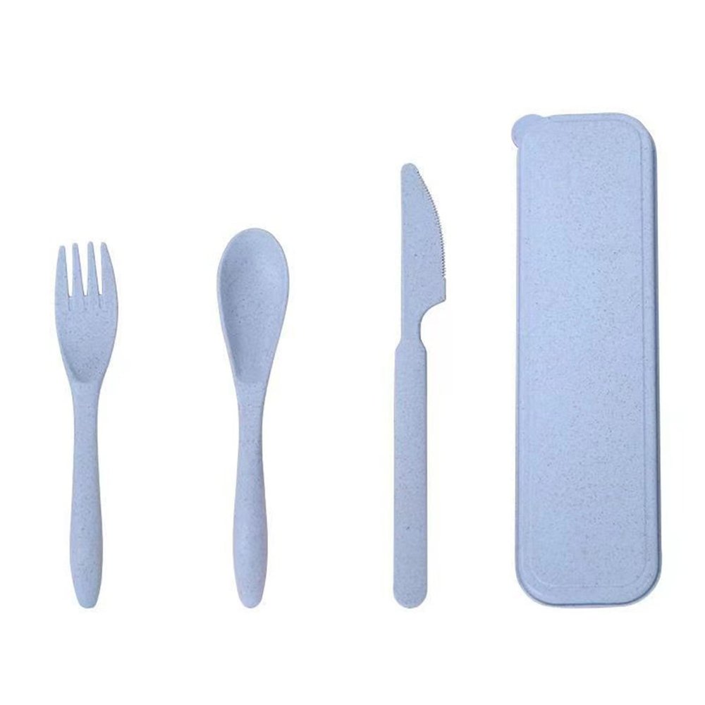 Reusable Utensils Set with Case, Wheat Straw Travel Cutlery Set for Picnic Fork Spoon Knife, Portable Cutlery Set Tableware Modern for Office(Blue)
