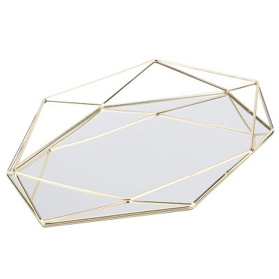 JEOZBM Gold Mirror Tray, Vintage Polygon Cosmetic Jewelry Storage Box, Metal Decorative Tray Mirror for Vanity, Bathroom, Bedroom(Gold)