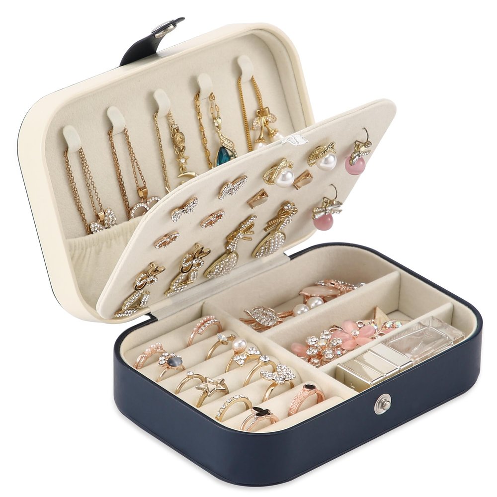 XZUZ Travel Jewelry Box, PU leather Small Jewelry Organizer For Female Girls, double layer portable mini travel case for storing earrings, rings, necklaces.(dark blue)