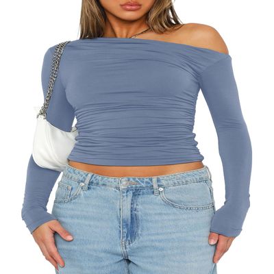 Darong Women's Casual Boat Neck Off Shoulder Long Sleeve Slim Fit Crop Top Going Out Shirts Y2K Tight T Shirts 9026 Grey Blue Medium