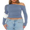 Darong Women's Casual Boat Neck Off Shoulder Long Sleeve Slim Fit Crop Top Going Out Shirts Y2K Tight T Shirts 9026 Grey Blue Medium view 1
