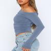 Darong Women's Casual Boat Neck Off Shoulder Long Sleeve Slim Fit Crop Top Going Out Shirts Y2K Tight T Shirts 9026 Grey Blue Medium view 2