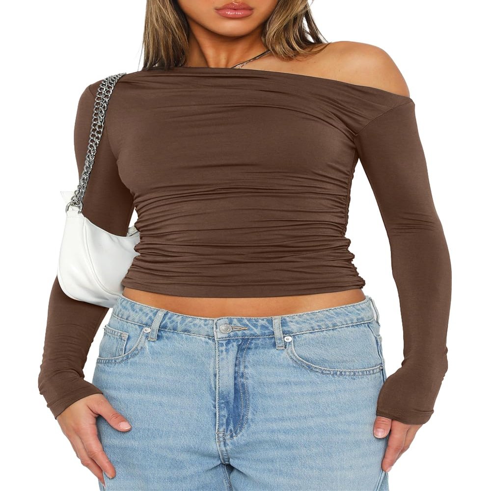 Darong Women's Off Shoulder Slim Fit Long Sleeve Top 9026 Coffee Medium
