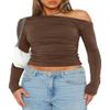 Darong Women's Off Shoulder Slim Fit Long Sleeve Top 9026 Coffee Medium view 1