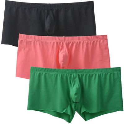 Men's Striped Ice Silk Underwear Seamless Ultra Thin Breathable Panties Boxer Briefs Short Leg Underpants Free Edge Design 3-Pack(Black,Watermelon Red,Green) L