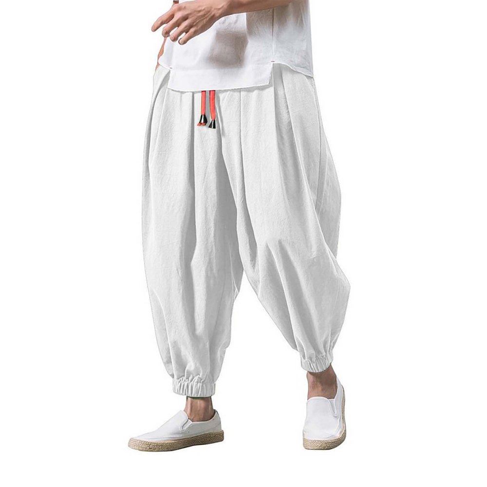 DAZLOR Mens Hip Hop Harem Pants Japanese Baggy Drop Crotch Wide Leg Joggers Summer Casual Loose Boho Hippie Yoga Beach Pants White