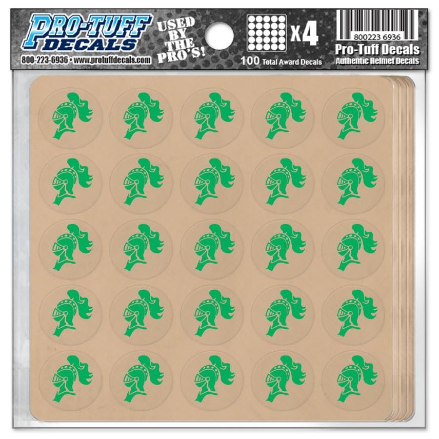 Knight Award Decals Warriors Spartans Titans Trojans Lancers Centurions Thick mil Vinyl 1-1/8" Diameter (100 Decals) Professional-Grade Football Hockey Baseball Softbal (Kelly Green on Clear)