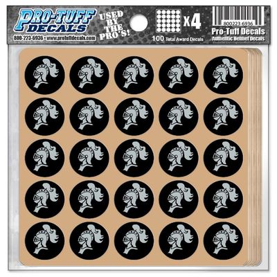 Knight Award Decals Warriors Spartans Trojans Centurions Thick Premium 20 Mil Vinyl 1-1/8" Diameter (100 Decals) Professional-Grade Football Hockey Baseball Softball (Silver on Black)