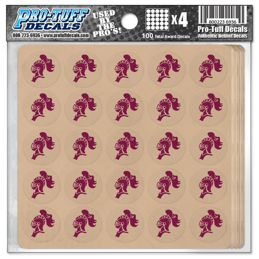 Knight Award Decals Warriors Spartans Titans Trojans Lancers Centurions Thick mil Vinyl 1-1/8" Diameter (100 Decals) Professional-Grade Football Hockey Baseball Softbal (Maroon on Clear)