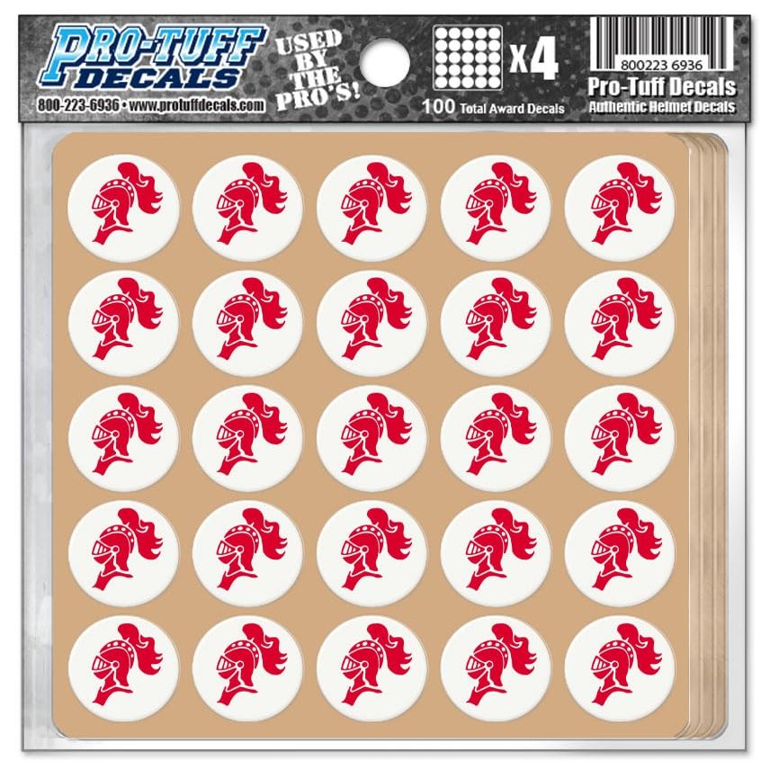 Knight Award Decals Warriors Spartans Titans Trojans Lancers Centurions Thick mil Vinyl 1-1/8" Diameter (100 Decals) Professional-Grade Football Hockey Baseball Softbal (Red on White)