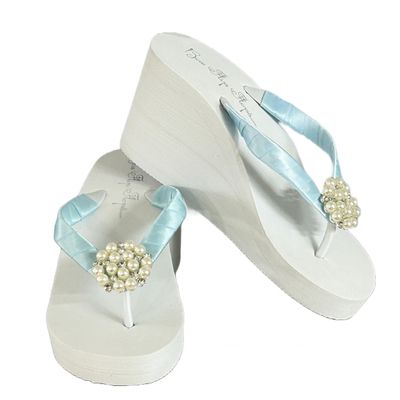 Pearl Flip Flops with Light Blue Satin Ribbon, Wedding, 3.5 Inch High Wedge, Choose Colors and Size Options