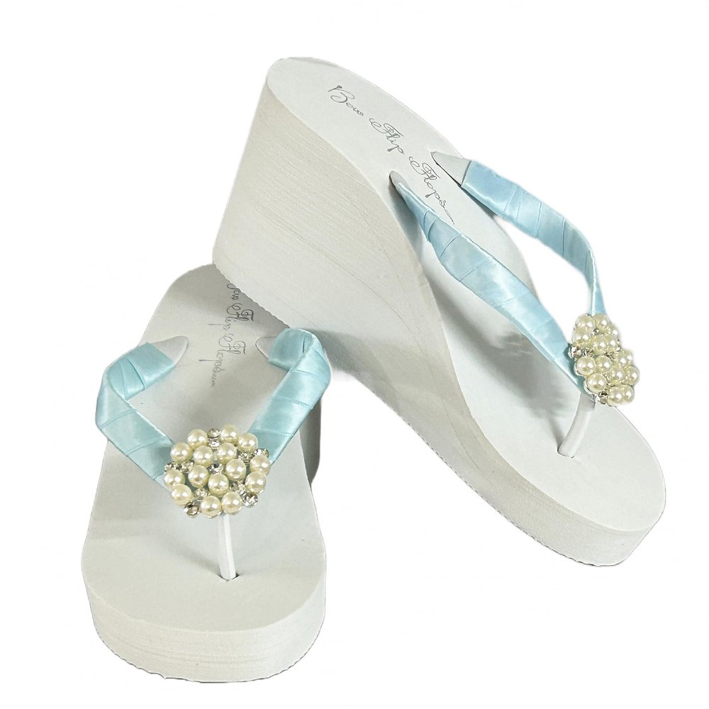 Pearl Flip Flops with Light Blue Satin Ribbon, Wedding, 3.5 Inch High Wedge, Choose Colors and Size Options