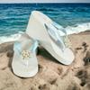 Pearl Flip Flops with Light Blue Satin Ribbon, Wedding, 3.5 Inch High Wedge, Choose Colors and Size Options view 3
