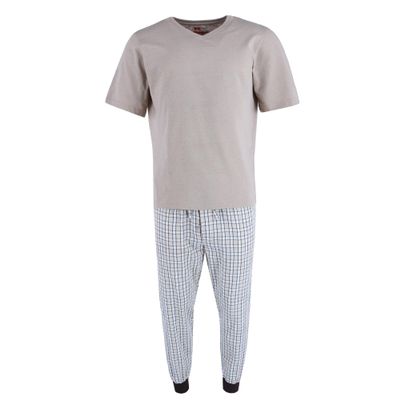 Ten West Apparel Men's V-Neck Top With Plaid Jogger Lounge Set, Xlarge, White/Beige