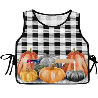 Harvest Fall Pumpkins Cobbler Aprons with 2 Pockets for Women Men,Fashionable Printed Unisex Bib Waterproof Cleaning Smock Vest for Chef Fall Thanksgiving Plaid Lattice Black Grey 2 Packs,20''x31.5''