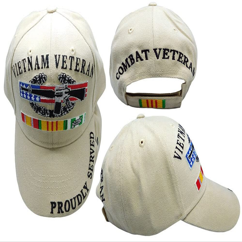 N/A.1 Ant Enterprises Vietnam Veteran Proudly Served Combat Veteran Ribbon Khaki Embroidered Cap Hat