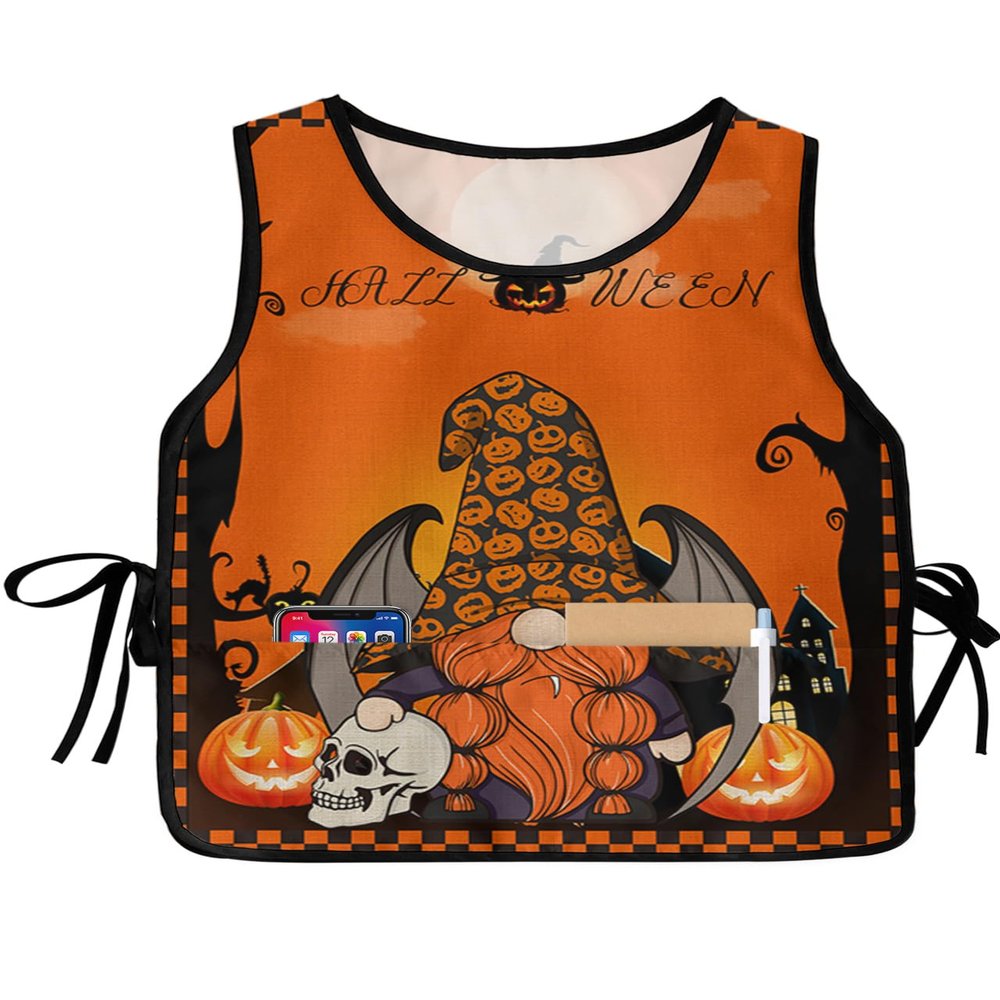Halloween Cobbler Aprons with 2 Pockets for Women Men,Fashionable Printed Unisex Bib Waterproof Cleaning Smock Vest for Chef Kitchen Orange Black Dwarf Skull Pumpkins Haunted-House 2 Packs,20''x31.5''