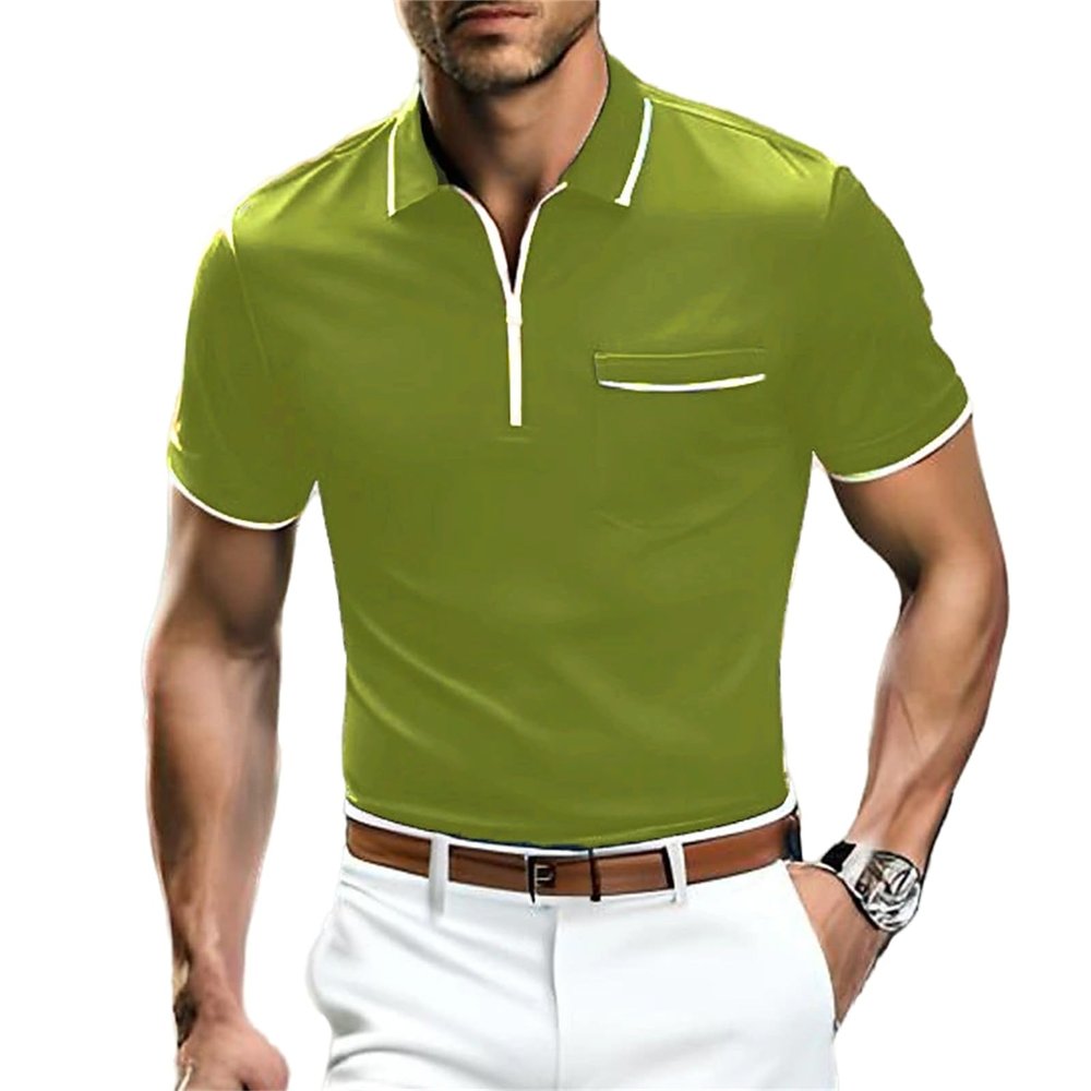 crazynekos Men's Zipper Polo Shirt Quick Dry Short Sleeve Golf Shirts Casual Tactical Shirt for Men (Green,L,Large)