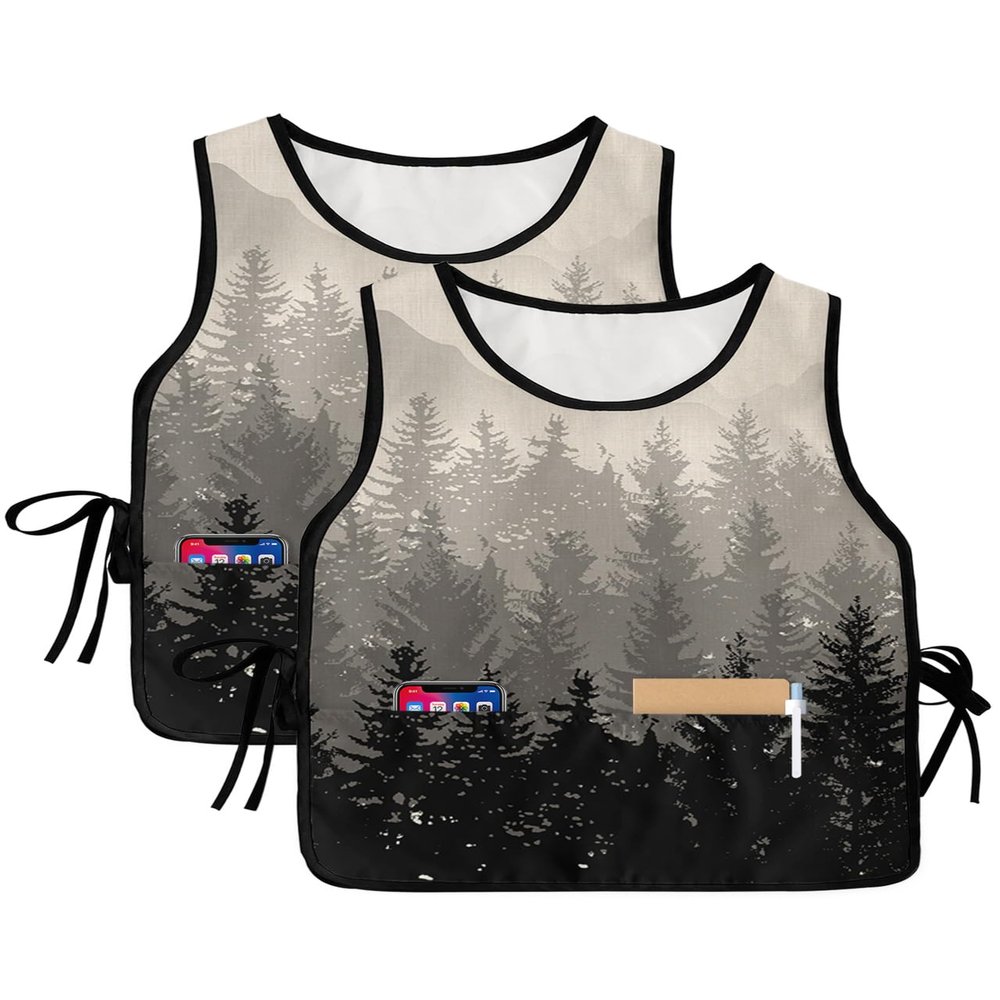 Grey Forest Tree Cobbler Aprons with 2 Pockets for Women Men,Fashionable Printed Unisex Bib Waterproof Cleaning Smock Vest for Chef Kitchen Retro Mountain Wood-land Misty Landscape 1 Pack,20''x 27.5''