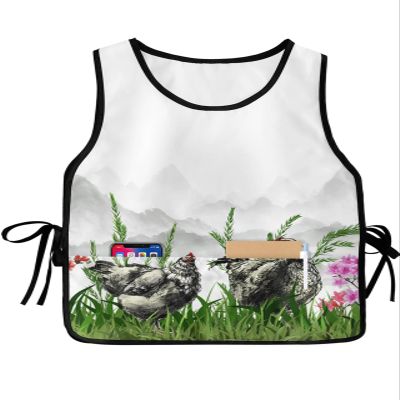 Ink Chicken Painting Cobbler Aprons with 2 Pockets for Women Men, Fashionable Printed Unisex Bib Waterproof Cleaning Smock Vest for Chef Kitchen Vintage Chinese Farm Animal Plant 1 Pack, 20''x 27.5''