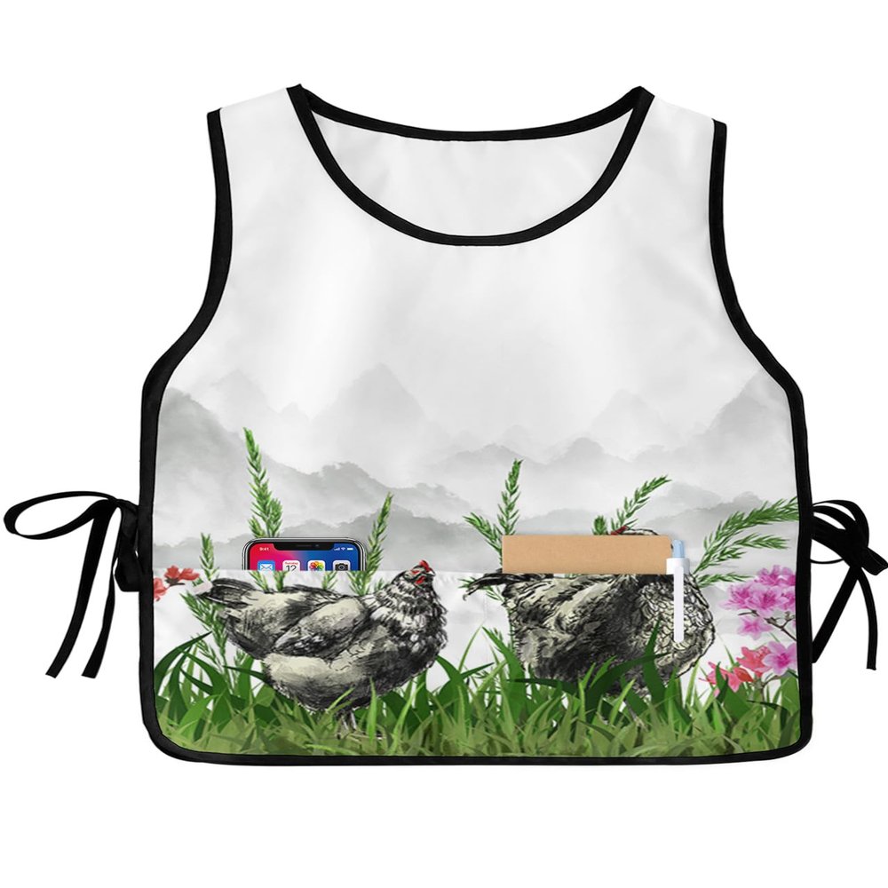 Ink Chicken Painting Cobbler Aprons with 2 Pockets for Women Men, Fashionable Printed Unisex Bib Waterproof Cleaning Smock Vest for Chef Kitchen Vintage Chinese Farm Animal Plant 1 Pack, 20''x 27.5''
