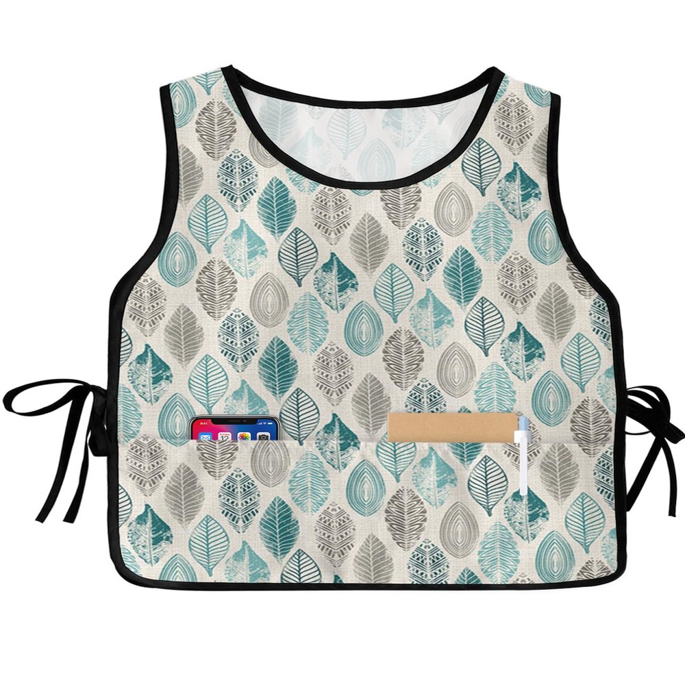 Teal Leaves Cobbler Aprons with 2 Pockets for Women Men, Fashionable Printed Unisex Bib Waterproof Cleaning Smock Vest for Chef Kitchen Abstract Geometric Grey Leaf Art 2 Packs, 20''x 31.5''