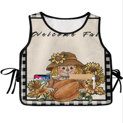 Autumn Pumpkin Scarecrow Cobbler Aprons with 2 Pockets for Women Men,Fashionable Printed Unisex Bib Waterproof Cleaning Smock Vest for Chef Farmhouse Fall Sunflower Black Plaid 1 Pack,20''x31.5''
