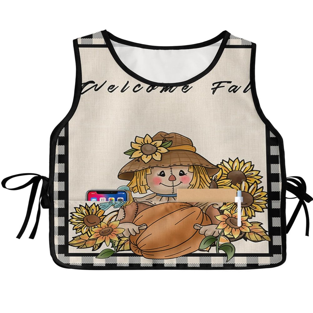 Autumn Pumpkin Scarecrow Cobbler Aprons with 2 Pockets for Women Men,Fashionable Printed Unisex Bib Waterproof Cleaning Smock Vest for Chef Farmhouse Fall Sunflower Black Plaid 1 Pack,20''x31.5''