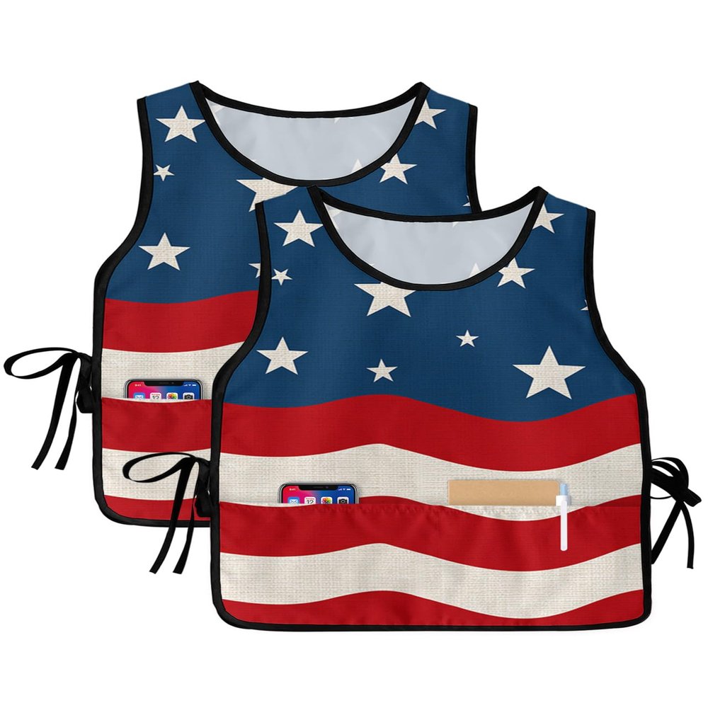 4th-of-July Cobbler Aprons with 2 Pockets for Women Men, Fashionable Printed Unisex Bib Waterproof Cleaning Smock Vest for Chef Kitchen Blue Red Patriotic Stars Stripes 1 Pack, 20''x 31.5''