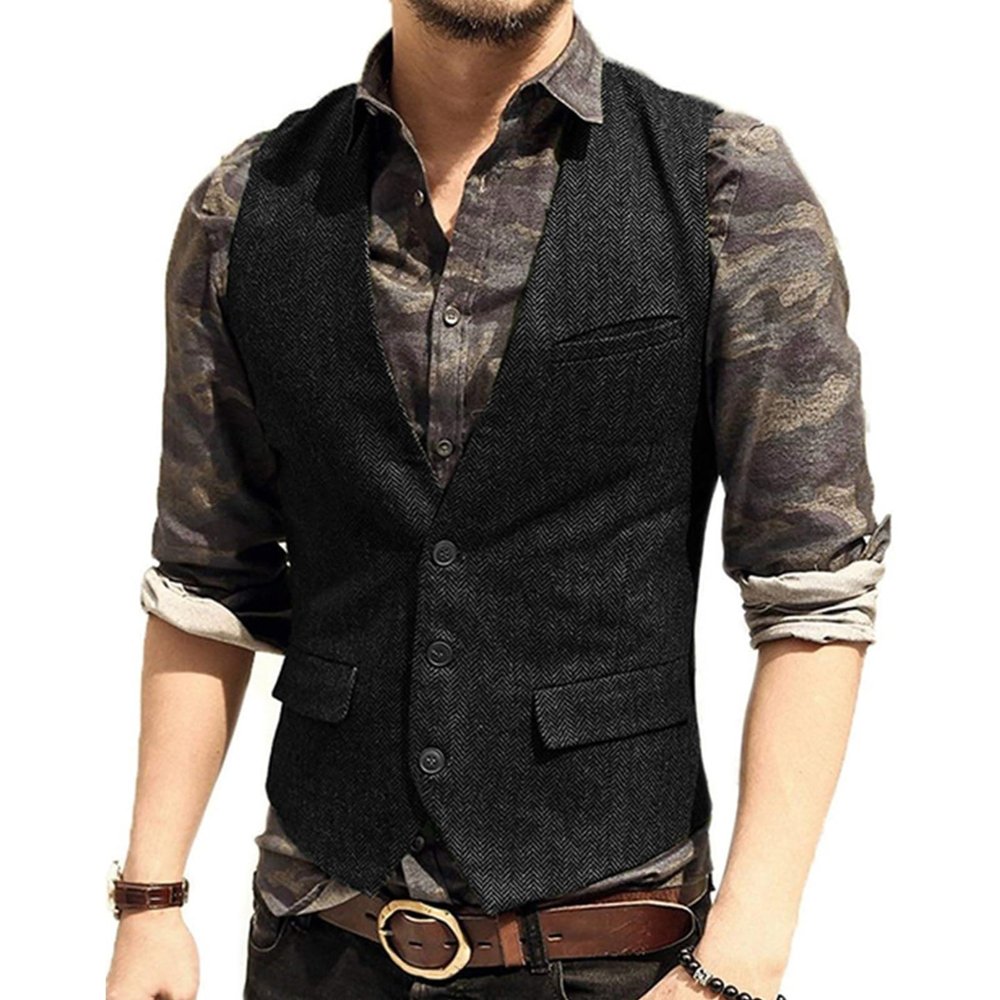 CXFOVIOVA Men's Casual Plus Size Dress Vest with 3 Pockets Wedding Herringbone Tweed Slim Fit Waistcoat Jacket Tank Top for Prom,Daily (Color : Black, Size : 3XL)
