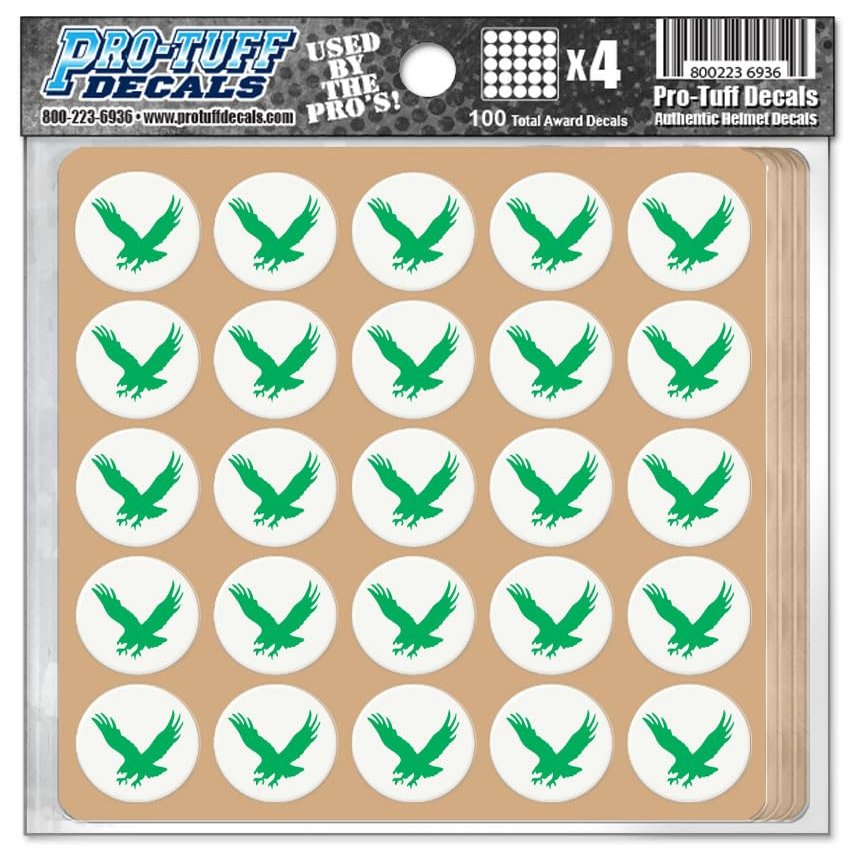 Flying Eagle Award Decals for Football Helmets, Baseball, Softball, Hockey Lacrosse Thick mil Vinyl 1-1/8" Diameter (100 Decals) (Kelly Green on White)