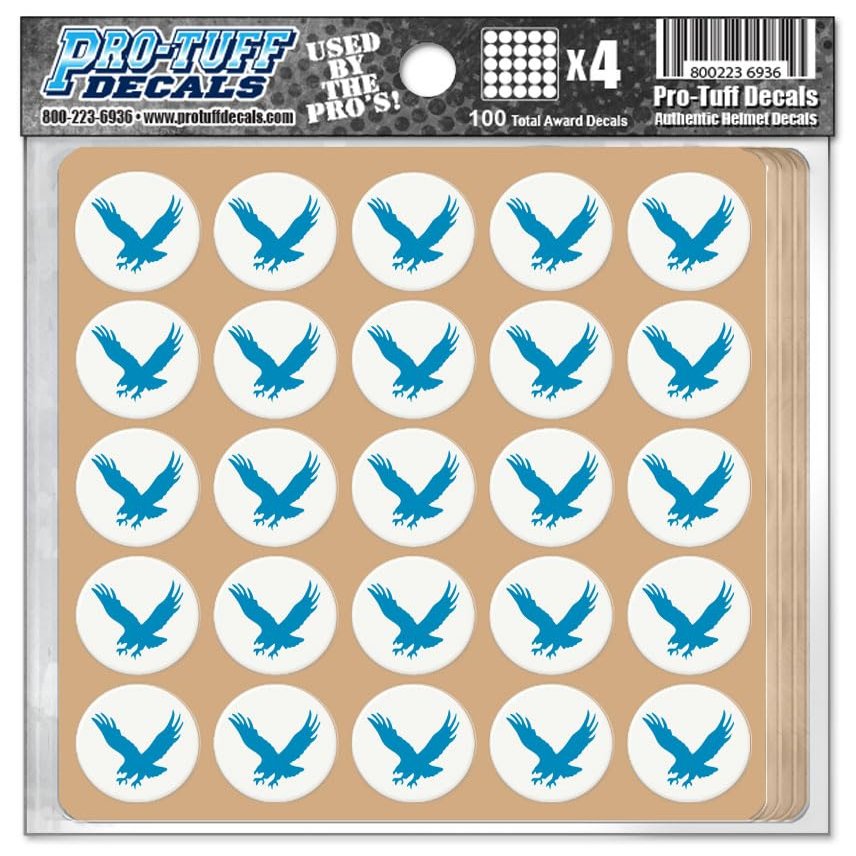 Flying Eagle Award Decals for Football Helmets, Baseball, Softball, Hockey Lacrosse Thick mil Vinyl 1-1/8" Diameter (100 Decals) (Columbia Blue on White)