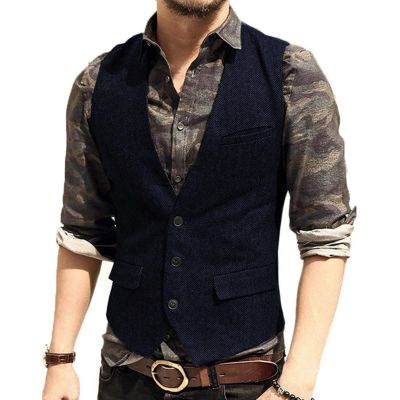 CXFOVIOVA Men's Casual Plus Size Dress Vest with 3 Pockets Wedding Herringbone Tweed Slim Fit Waistcoat Jacket Tank Top for Prom,Daily (Color : Navy, Size : X-Large)