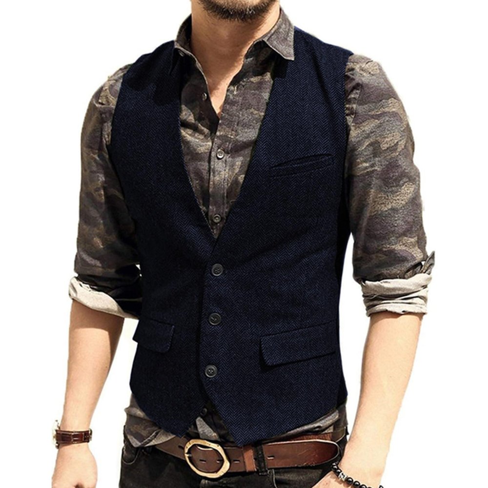 CXFOVIOVA Men's Casual Plus Size Dress Vest with 3 Pockets Wedding Herringbone Tweed Slim Fit Waistcoat Jacket Tank Top for Prom,Daily (Color : Navy, Size : X-Large)