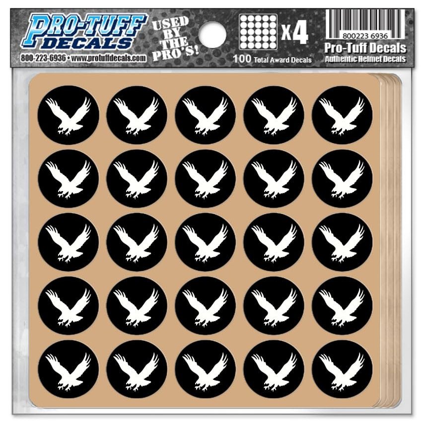 Flying Eagle Award Decals for Football Helmets, Baseball, Softball, Hockey Lacrosse Thick premiuim 20 mil Vinyl 1-1/8" Diameter (100 Decals) (White on Black)