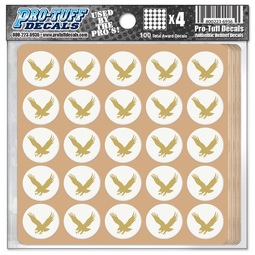 Flying Eagle Award Decals for Football Helmets, Baseball, Softball, Hockey Lacrosse Thick mil Vinyl 1-1/8" Diameter (100 Decals) (Vegas Gold on White)