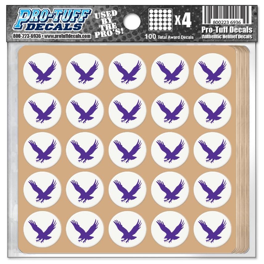 Flying Eagle Award Decals for Football Helmets, Baseball, Softball, Hockey Lacrosse Thick mil Vinyl 1-1/8" Diameter (100 Decals) (Purple on White)