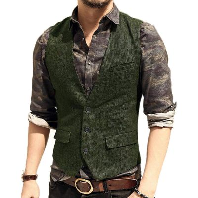 CXFOVIOVA Men's Casual Plus Size Dress Vest with 3 Pockets Wedding Herringbone Tweed Slim Fit Waistcoat Jacket Tank Top for Prom,Daily (Color : Army Green, Size : XX-Large)