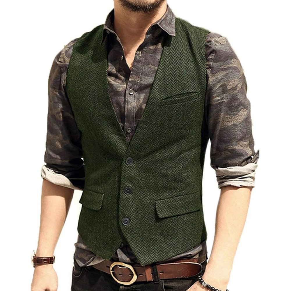 CXFOVIOVA Men's Casual Plus Size Dress Vest with 3 Pockets Wedding Herringbone Tweed Slim Fit Waistcoat Jacket Tank Top for Prom,Daily (Color : Army Green, Size : XX-Large)